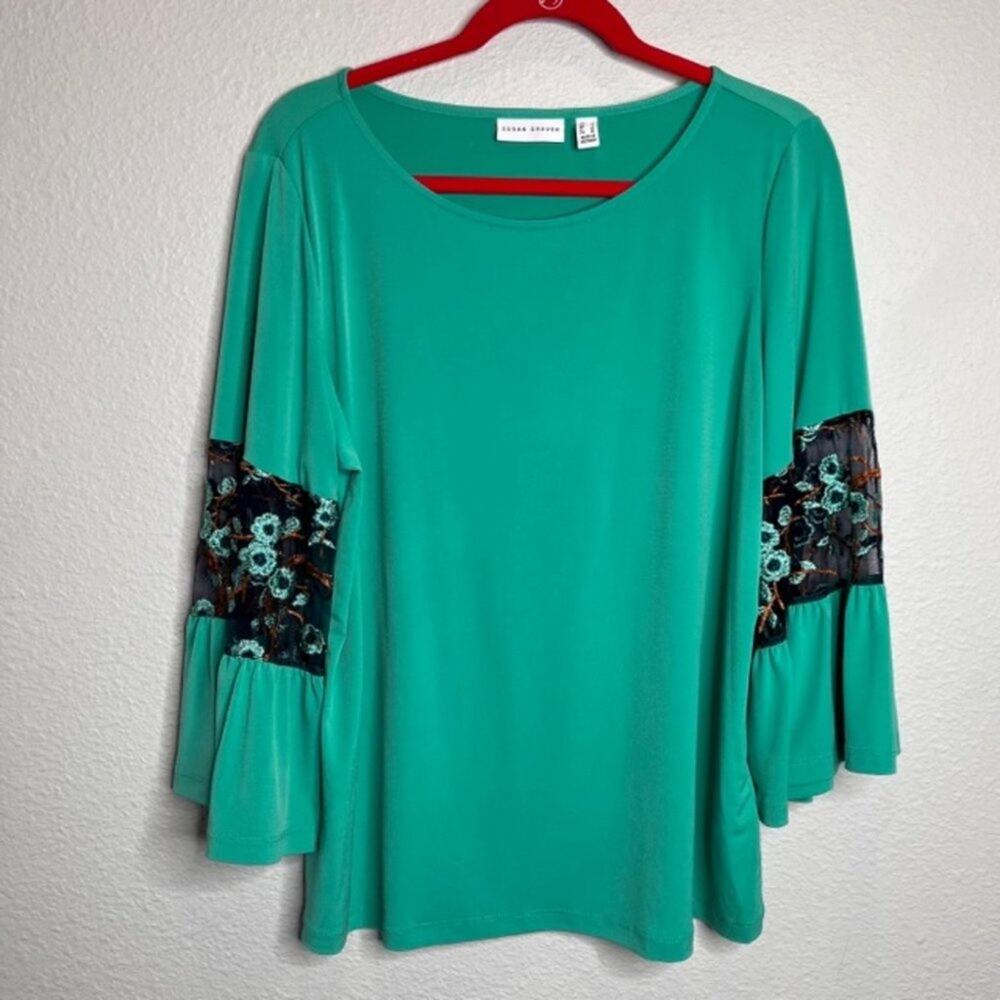 Susan Graver Liquid Knit Top with Embroidered Mesh Sleeves Sz Large